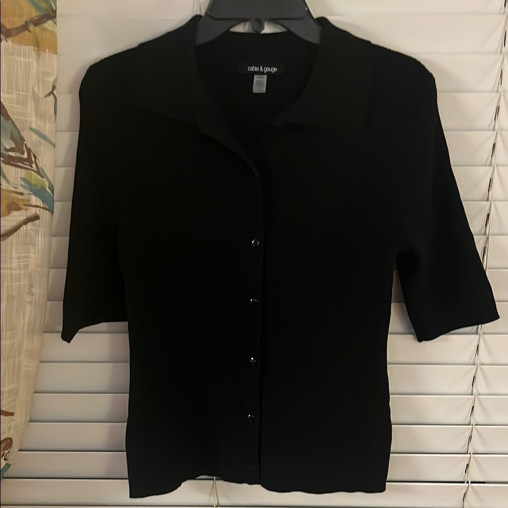 CABLE & GAUGE Women's RIBBED SYRETCH Black SHORT SLEEVE -CARDIGAN SWEATER LG